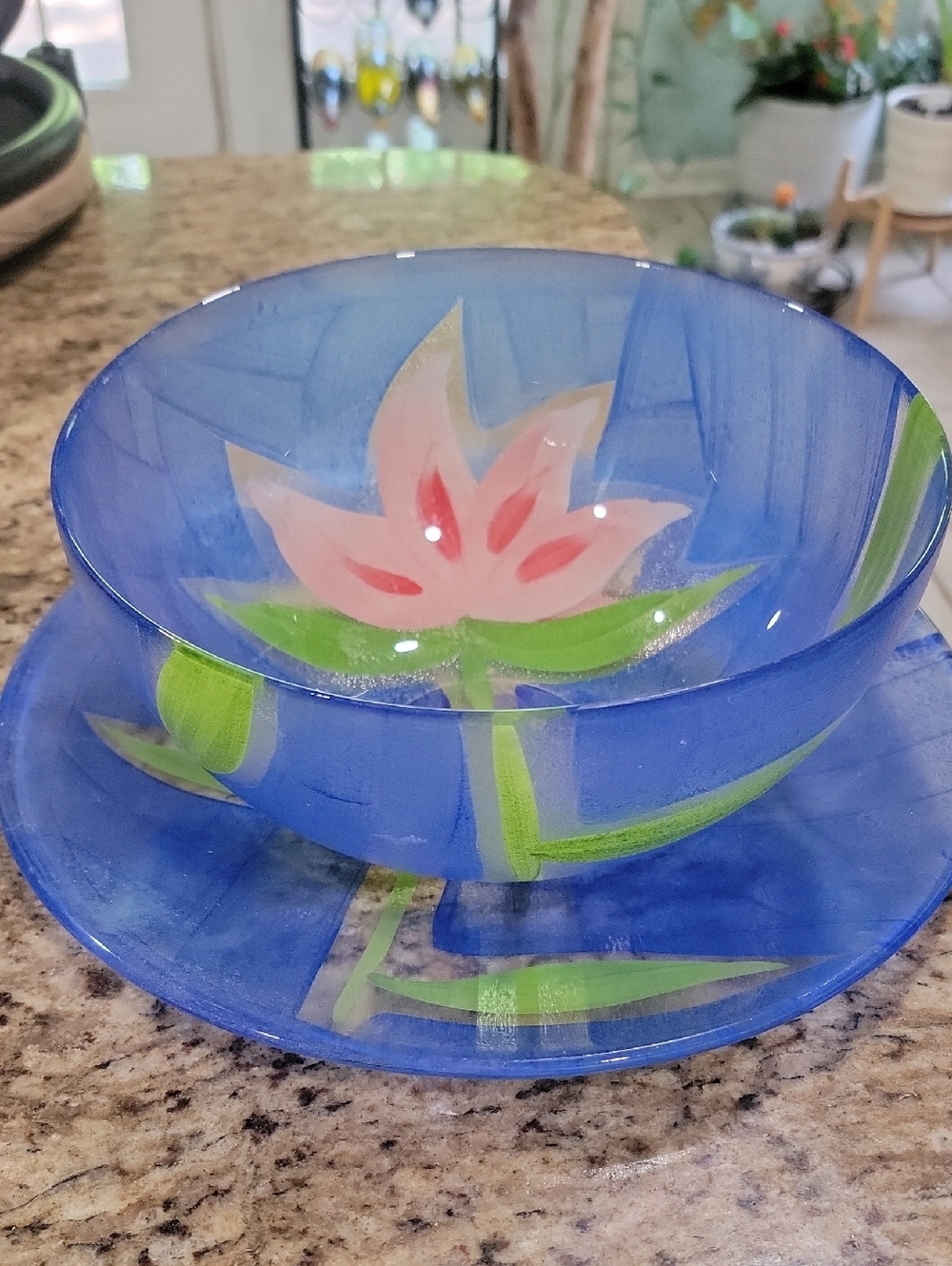 Hand-Painted Blue Glass Bowl & Saucer with Pink Lotus Motif